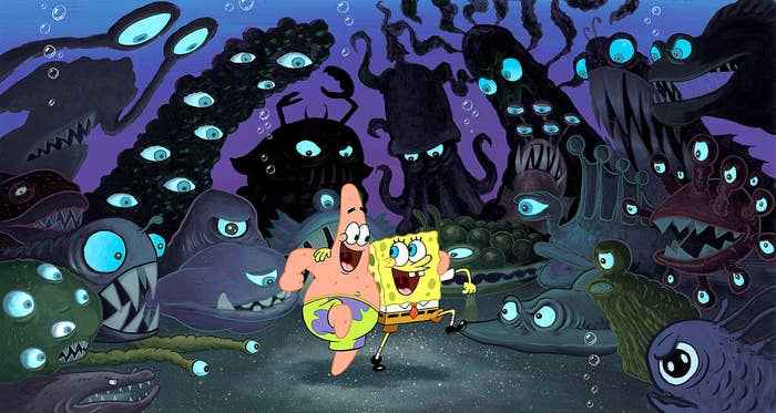 SpongeBob and Patrick joyfully walking underwater, surrounded by various deep-sea creatures with glowing eyes and menacing expressions