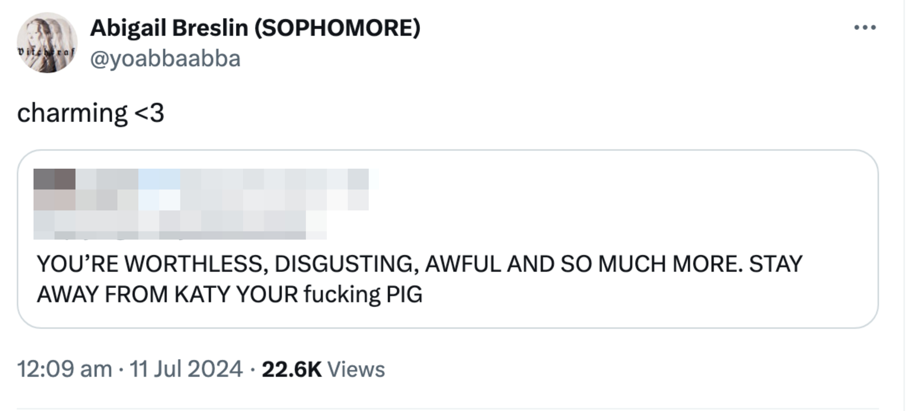 A tweet from Abigail Breslin reads, &quot;charming &amp;lt;3&quot; above a harsh tweet from pearl with insults and a caution to stay away from Katy