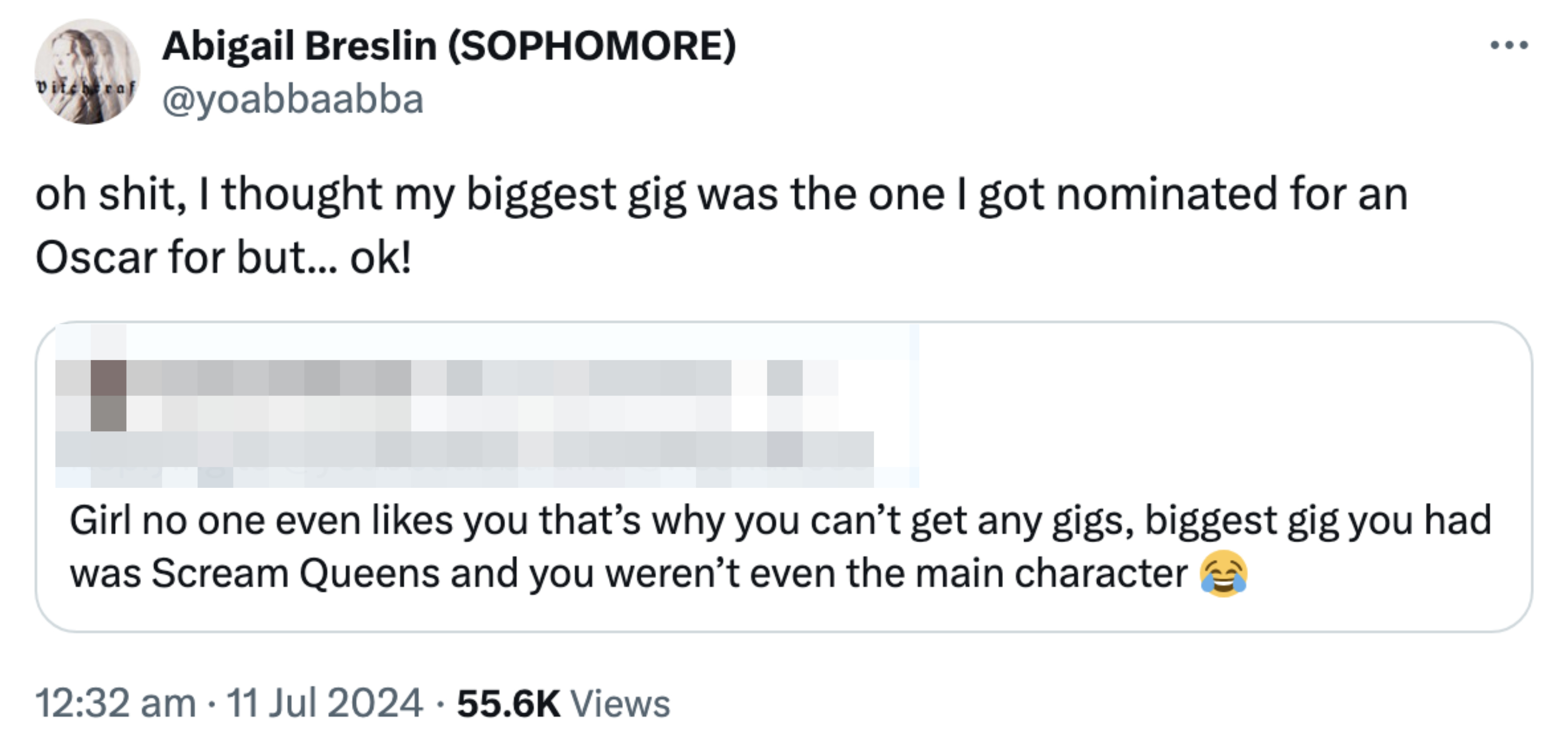 Abigail Breslin responds humorously to a tweet from Xaviar Khristo criticizing her career achievements