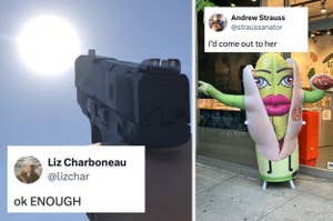 A handgun pointing towards the sun. Tweets overlaying the image; Liz Charboneau (@lizchar) saying "ok ENOUGH" and Andrew Strauss (@straussanator) saying "I'd come out to her" with a costumed person wearing a hotdog sandwich
