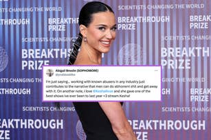 Katy Perry smiling on the red carpet at the Breakthrough Prize event. Tweet from Abigail Breslin criticizing industry abusers, mentioning Kesha