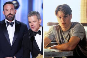 Ben Affleck and Matt Damon in tuxedos on stage; right image: young Matt Damon in a casual t-shirt, seated at a desk, from a scene in "Good Will Hunting"