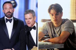 Ben Affleck and Matt Damon in tuxedos on stage; right image: young Matt Damon in a casual t-shirt, seated at a desk, from a scene in "Good Will Hunting"