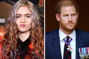 Grimes with wavy hair at a public event; Prince Harry wearing a suit with medals