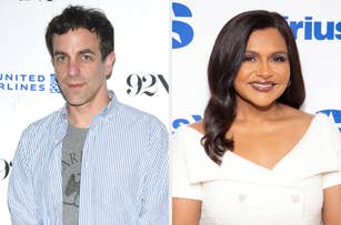 B.J. Novak wears a casual striped shirt, and Mindy Kaling is in a stylish white dress at a Sirius event backdrop