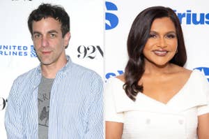 B.J. Novak wears a casual striped shirt, and Mindy Kaling is in a stylish white dress at a Sirius event backdrop