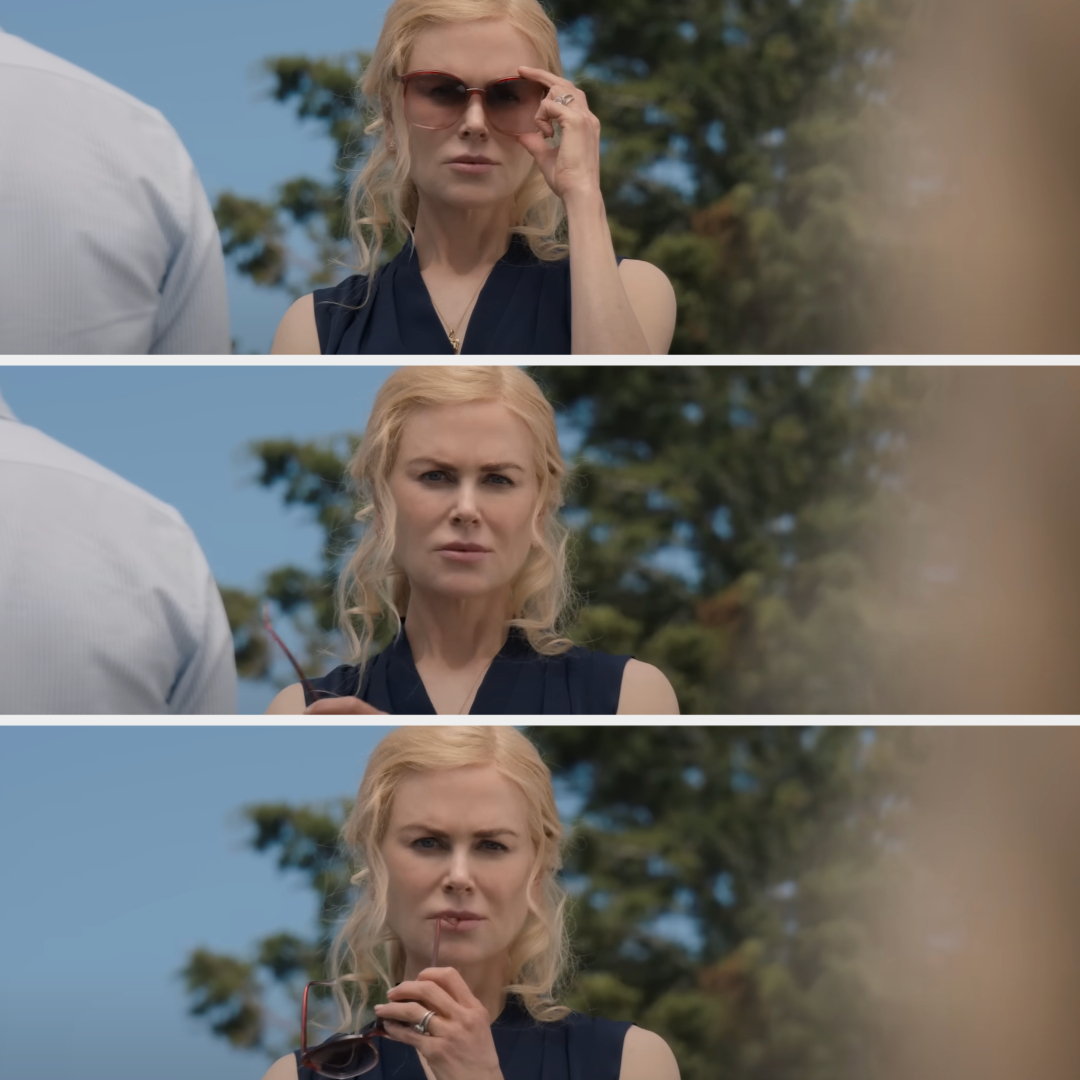 Nicole Kidman, wearing sunglasses and a sleeveless top, looks serious in a sequence of three outdoor photos