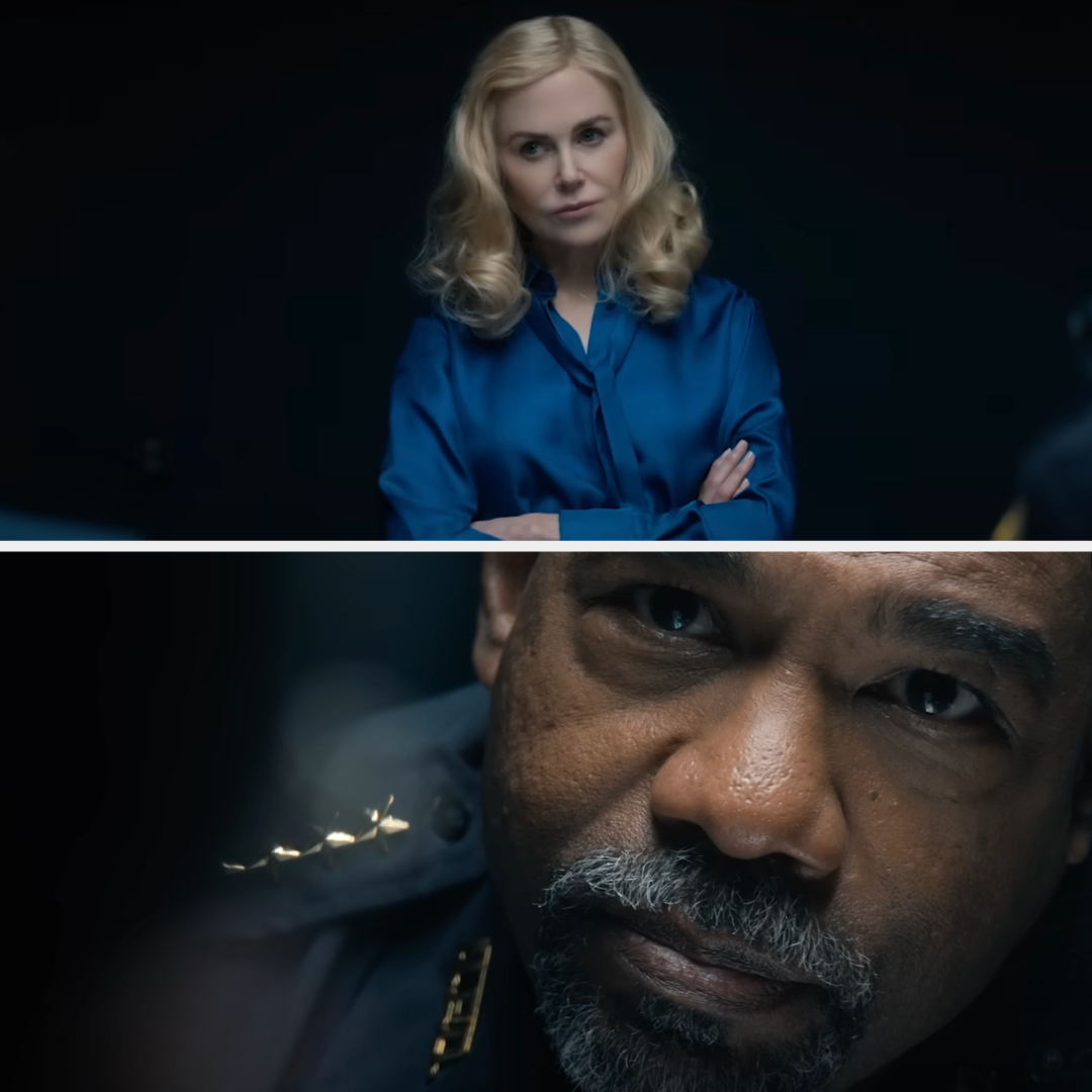 Nicole Kidman in a blue shirt, arms crossed, facing forward. Close-up of Morgan Freeman in a police uniform, looking serious