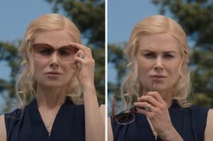 Nicole Kidman in two side-by-side photos wearing sunglasses and a sleeveless top, adjusting her glasses in the first and holding them by the arm in the second