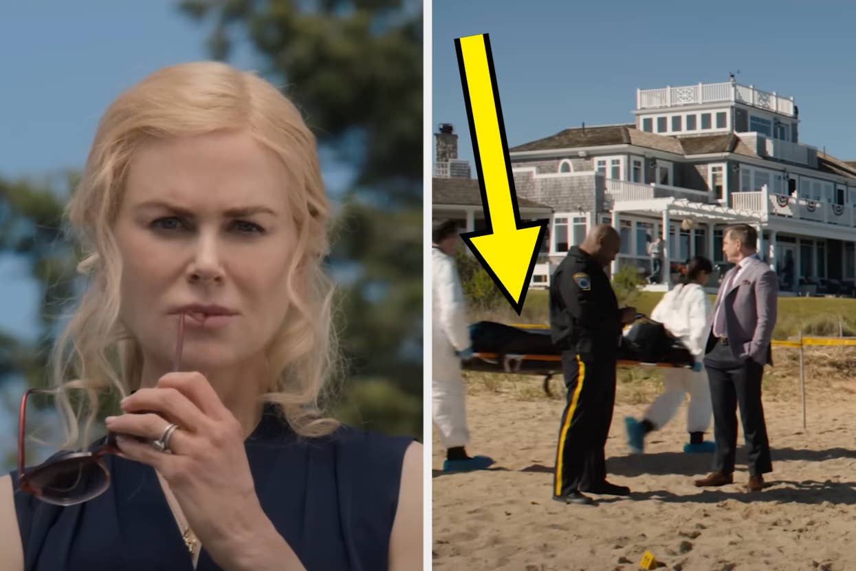 Nicole Kidman looks serious while holding glasses. Nearby, law enforcement stands near a body covered on a beach with a large house in the background