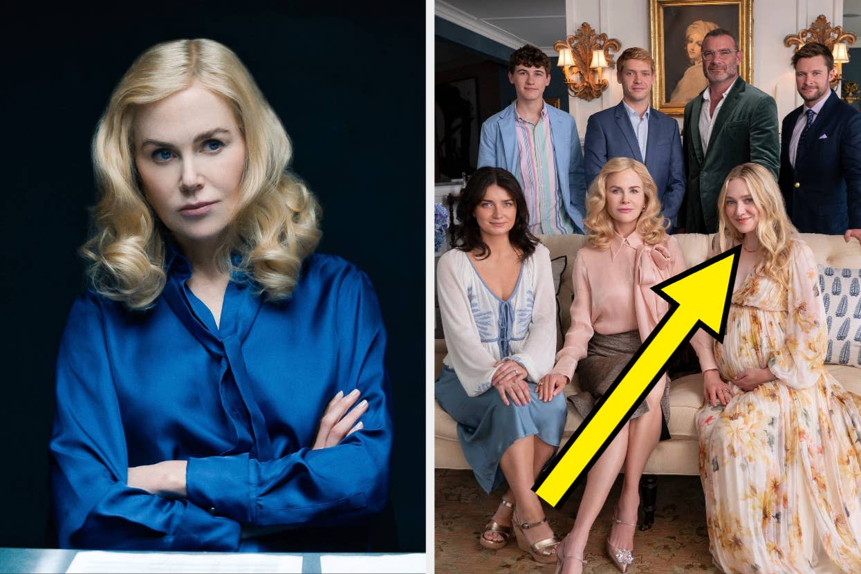 Nicole Kidman poses in a blue blouse on the left. On the right, she is seated with Lily-Rose Depp, Hugh Grant, Matilda De Angelis, Donald Sutherland, and others