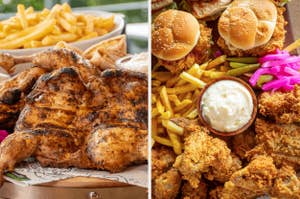 Grilled chicken with fries and flatbread on the left, and fried chicken with fries, pickles, and sandwiches on the right