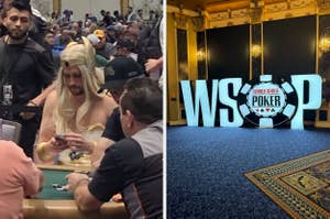 Person in a poker costume playing cards at the World Series of Poker tournament, with a large WSOP sign in the background
