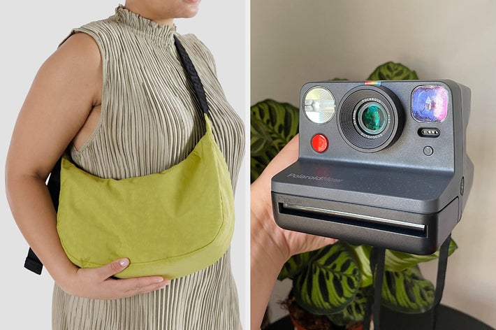 on the left a green baggu crescent bag, on the right a polaroid camera