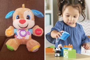 On the left, a plush dog toy with labeled buttons "Music" and "Hand". On the right, a young child in a dress playing with colorful blocks and a cow toy