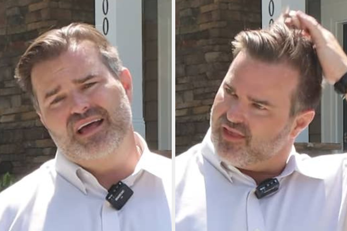 Two photos of a man with graying hair, wearing a white shirt and mic, posing outdoors. Text reads: "I asked my Gen Z employee to edit a video for me and she sent this back to me ?."