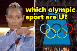 The image shows Jada Pinkett Smith pointing to the right and the text "Which Olympic sport are U?" next to the Olympic rings in front of the Eiffel Tower