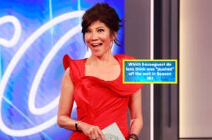 Julie Chen Moonves smiles on stage, holding a card. A text overlay reads: "Which houseguest do fans think was 'pushed' off the wall in Season 15?"