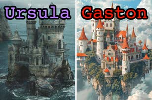 On the left, a dark castle in the sea labeled Ursula, and on the right, a castle in the clouds labeled Gaston