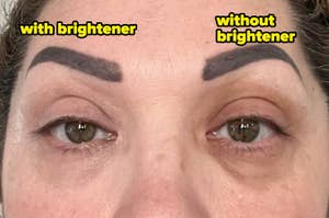 Close-up of a person's eyes demonstrating the effect of a brightener. The left eye is labeled "with brightener" and the right eye is labeled "without brightener."