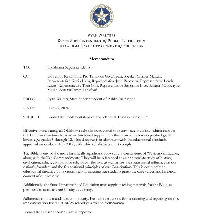 Memo to Oklahoma Superintendents from Ryan Walters about implementing foundational texts in the curriculum, effective June 27, 2024