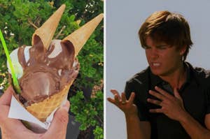 Person holding an ice cream cone with two scoops and two cones on the left. On the right, a person expressing frustration, gesturing with one hand