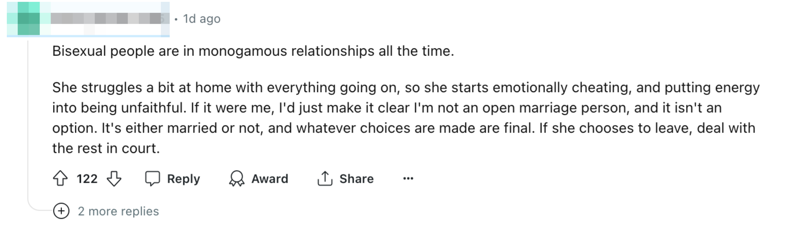 A Reddit post by user Heavy-Quail-7295 discussing bisexual people in monogamous relationships and expressing a stance against open marriages