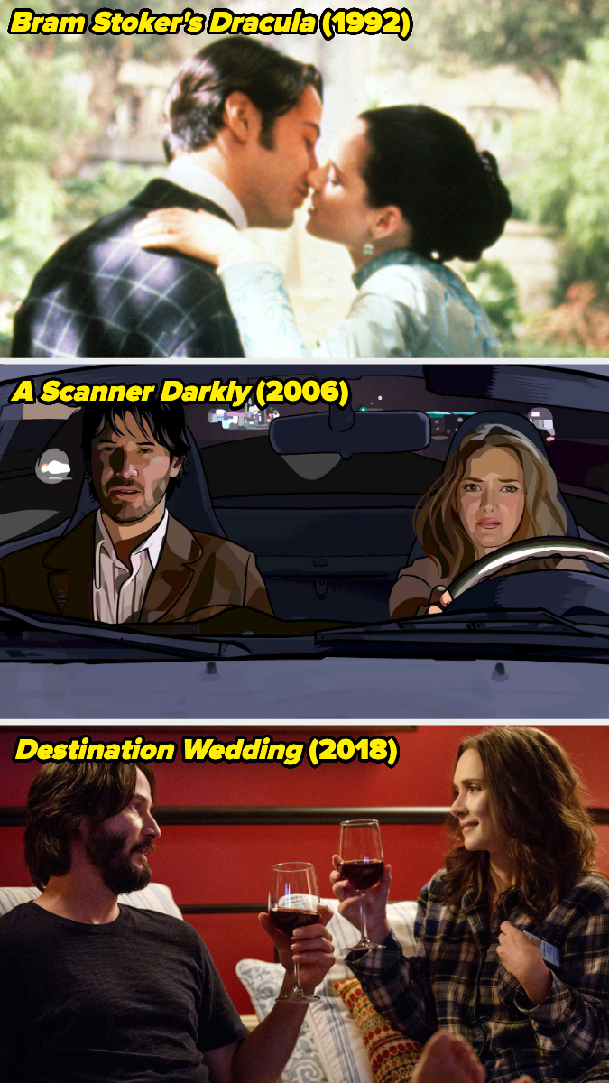 Three stills featuring Keanu Reeves and Winona Ryder from different movies: &quot;Bram Stoker&#x27;s Dracula,&quot; &quot;A Scanner Darkly,&quot; and &quot;Destination Wedding.&quot;