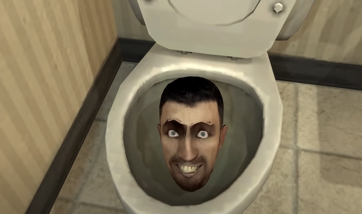 A cartoonish, grinning man&#x27;s head appears inside a toilet bowl in a bathroom setting