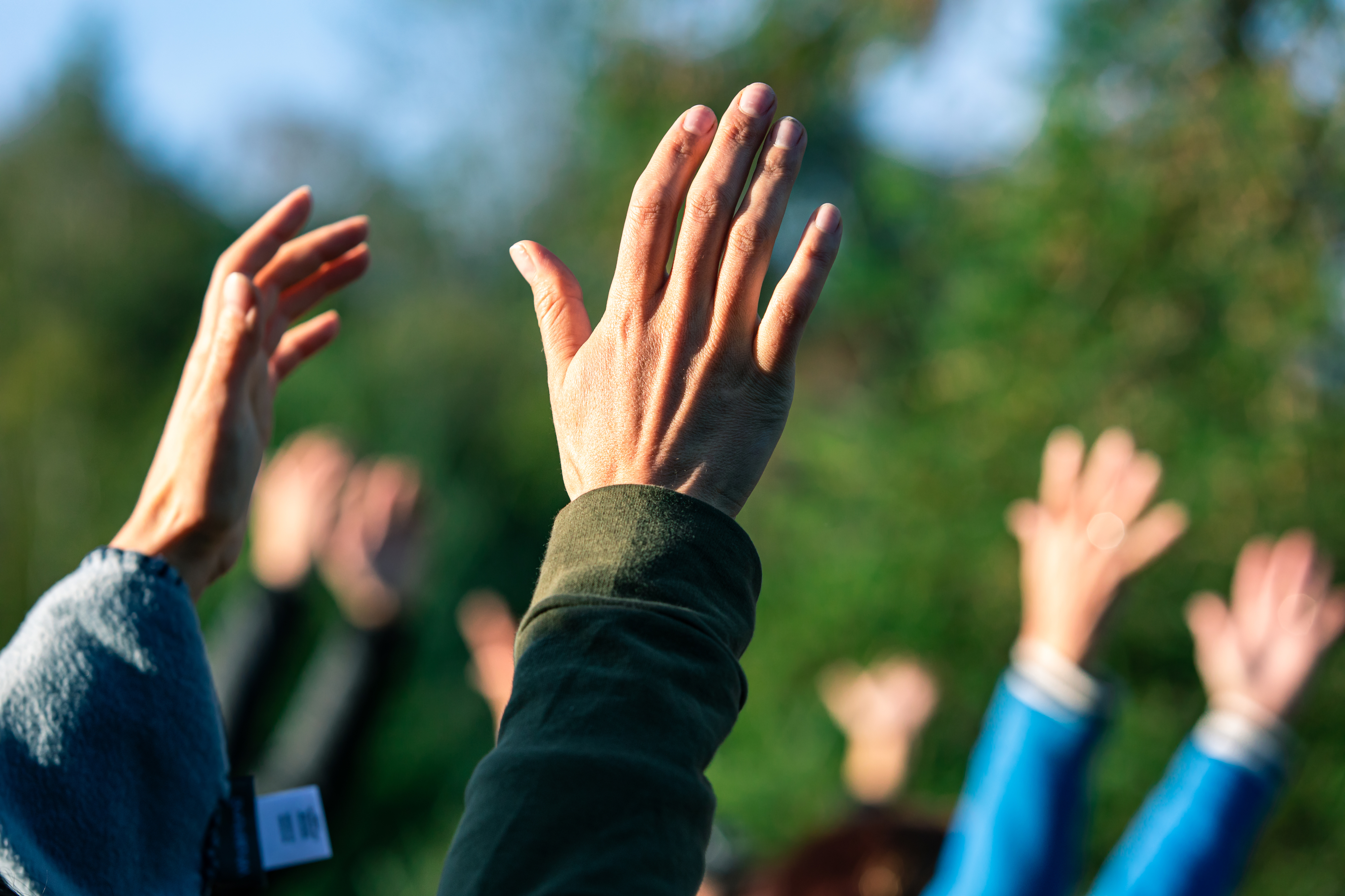 Several people raise their hands outdoors in a group activity. The image focuses on the outstretched hands and arms against a blurred natural background