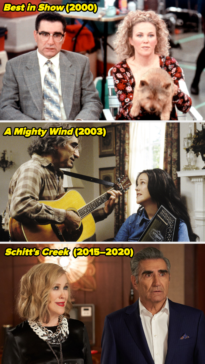 A compilation of Eugene Levy and Catherine O&#x27;Hara in various roles: Best in Show (2000), A Mighty Wind (2003), and Schitt&#x27;s Creek (2015–2020)