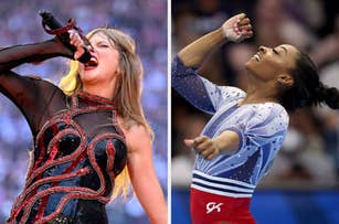 Taylor Swift sings passionately on stage in a detailed dress. Simone Biles celebrates during a gymnastics event in an athletic outfit
