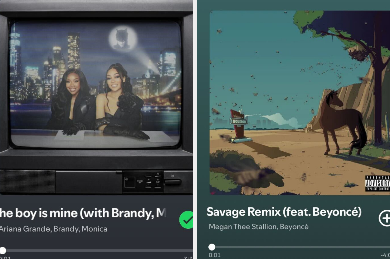 A split screen of Spotify tracks: &quot;The Boy is Mine&quot; by Brandy and Monica on the left, &quot;Savage Remix&quot; by Megan Thee Stallion featuring Beyoncé on the right