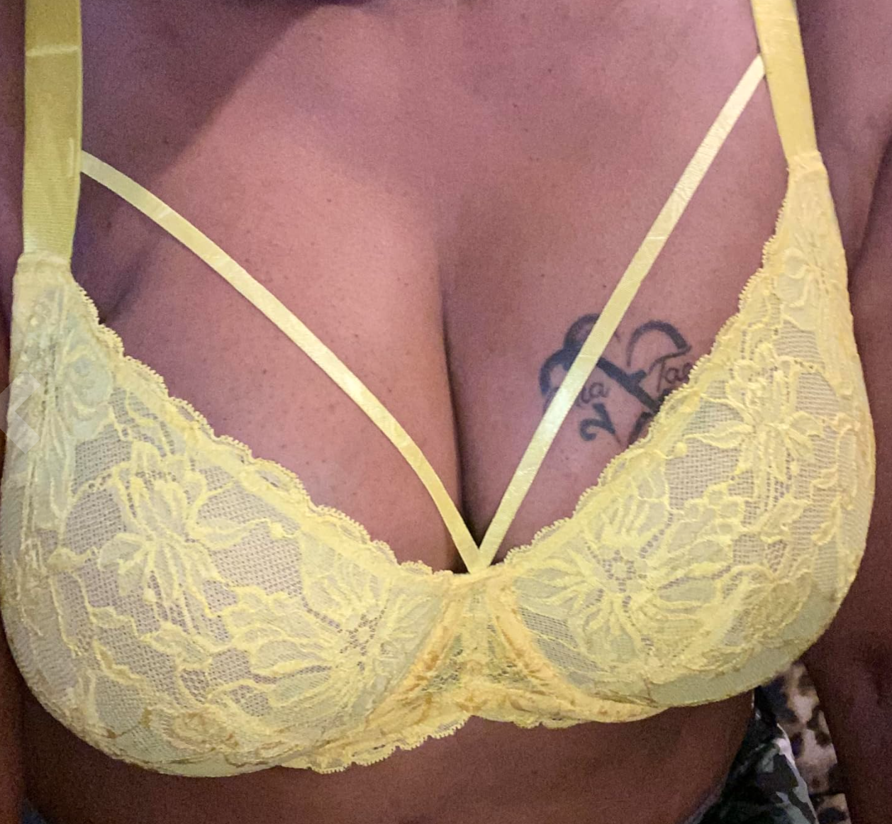 Close-up of a person wearing a lacy, strappy bra. The person&#x27;s tattoo above the bra is partially visible. No names are provided