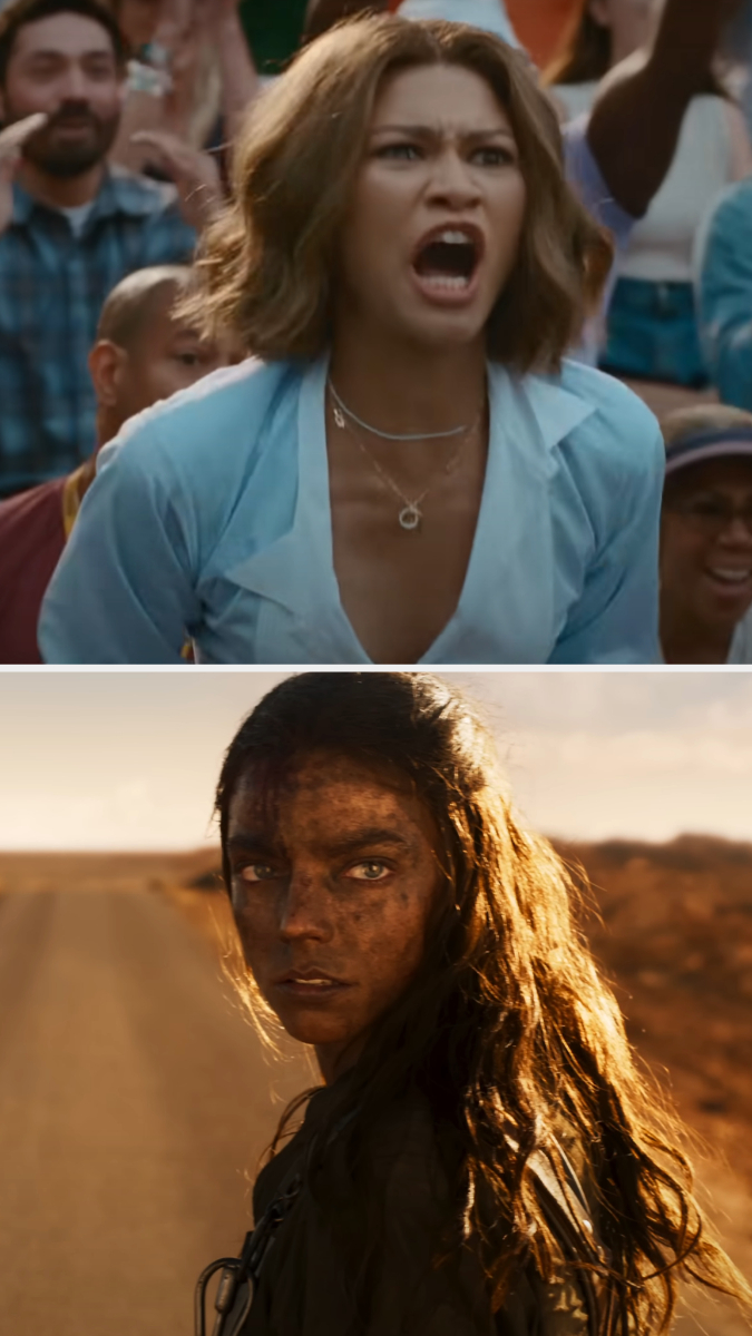 Top image: Zendaya, wearing a necklace and light blue shirt, shouts in a crowded setting. Bottom image: Zendaya with dirt-streaked face, looking serious in a desert landscape