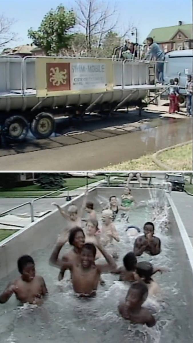 Children enjoying a swim in a portable pool labeled &quot;Swim Mobile&quot; while adults watch from the top deck