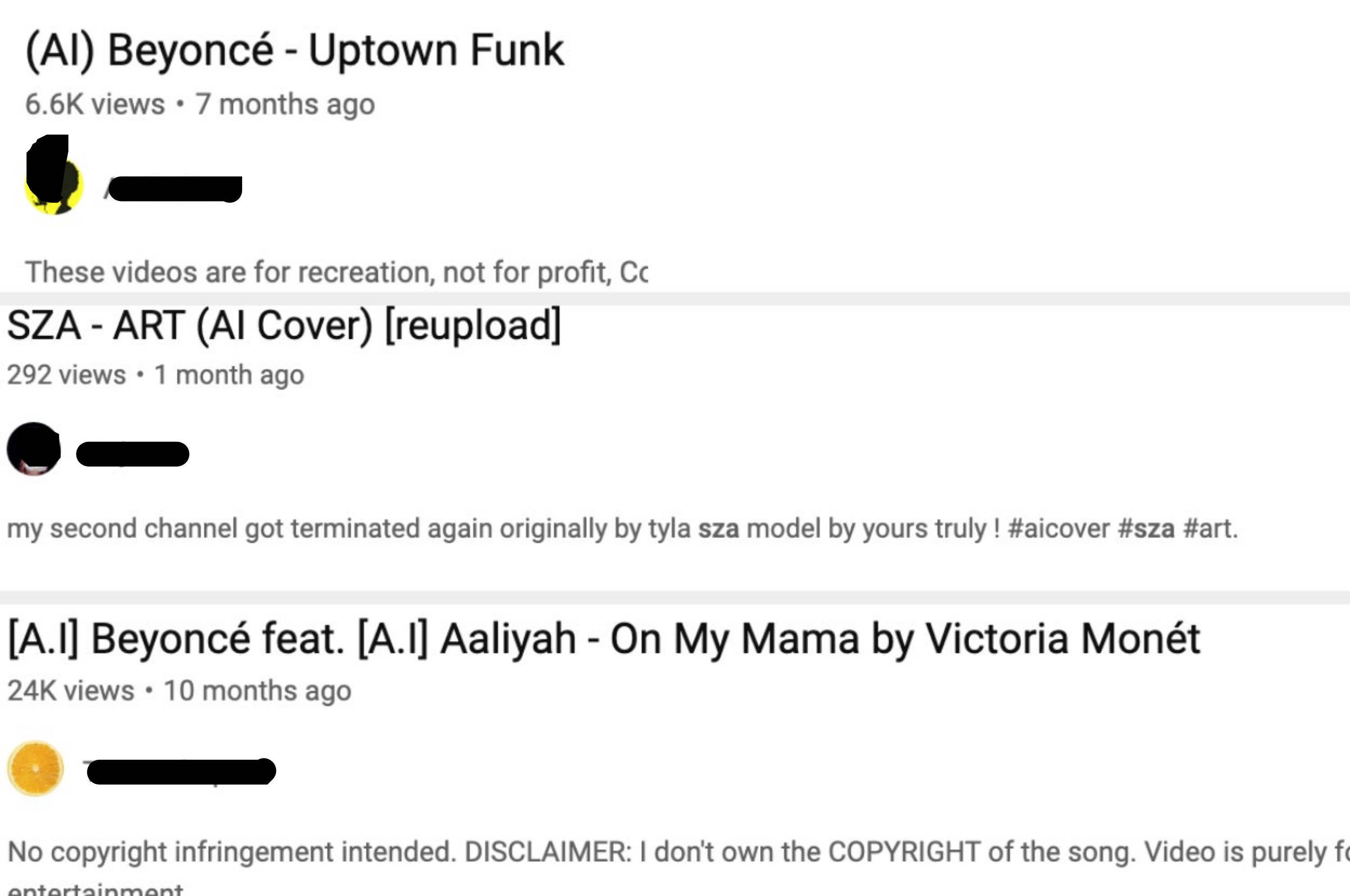 YouTube video listings with titles for AI covers from Beyoncé, SZA, Aaliyah, and Victoria Monét. Views, upload dates, and channel names included