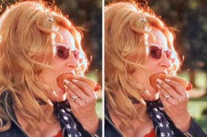 Jennifer Coolidge from "Legally Blonde" wearing sunglasses and holding a hot dog close to their mouth in both images. The person has blonde hair styled with waves