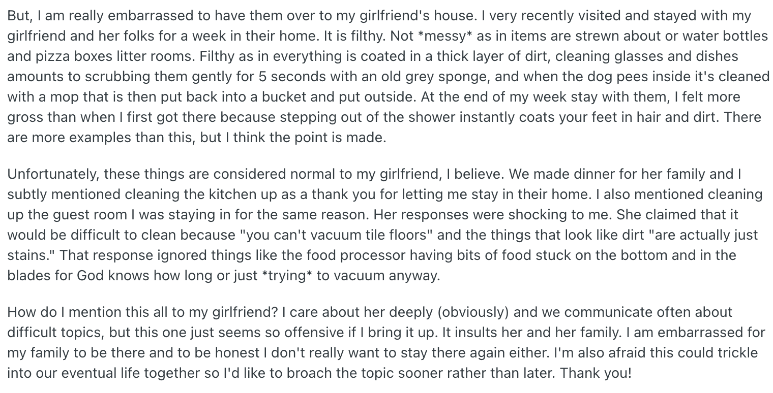 A person writes about feeling embarrassed after staying at their girlfriend’s house. They talk about issues with cleanliness in the home and feeling uncomfortable discussing it with their girlfriend