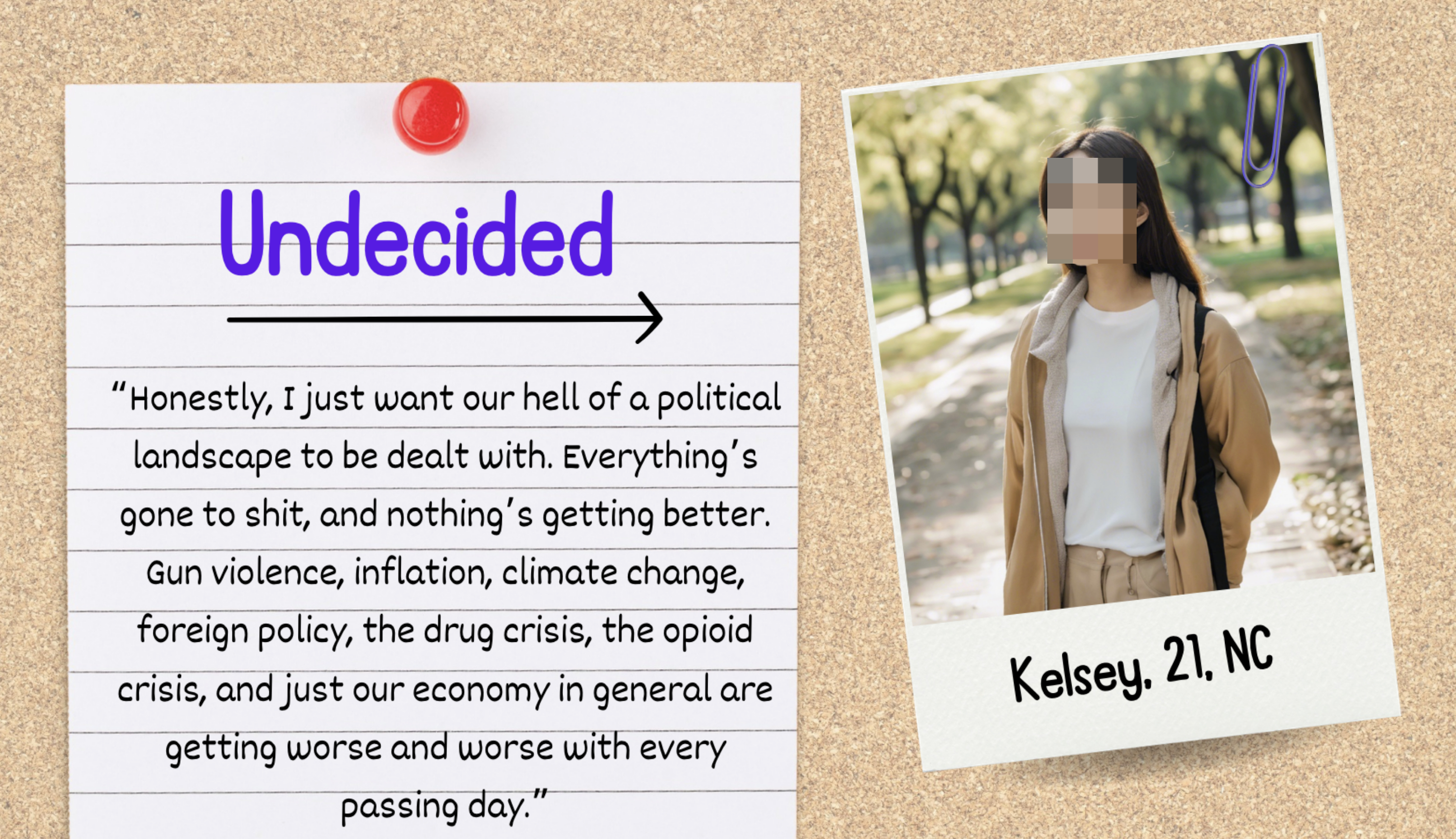 Bulletin board with a note titled &quot;Undecided&quot; quoting Kelsey, 21, NC, discussing political and economic issues