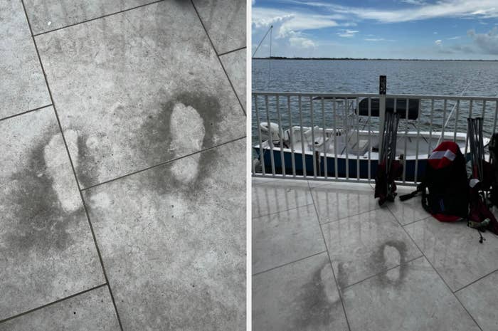 Two images show wet footprints on a tiled floor by water. One is close up; the other includes a boat and fishing gear