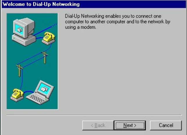 &quot;Windows interface screen welcomes users to Dial-Up Networking, explaining the modem-based connection between two computers. &#x27;Back,&#x27; &#x27;Next,&#x27; and &#x27;Cancel&#x27; buttons are displayed.&quot;