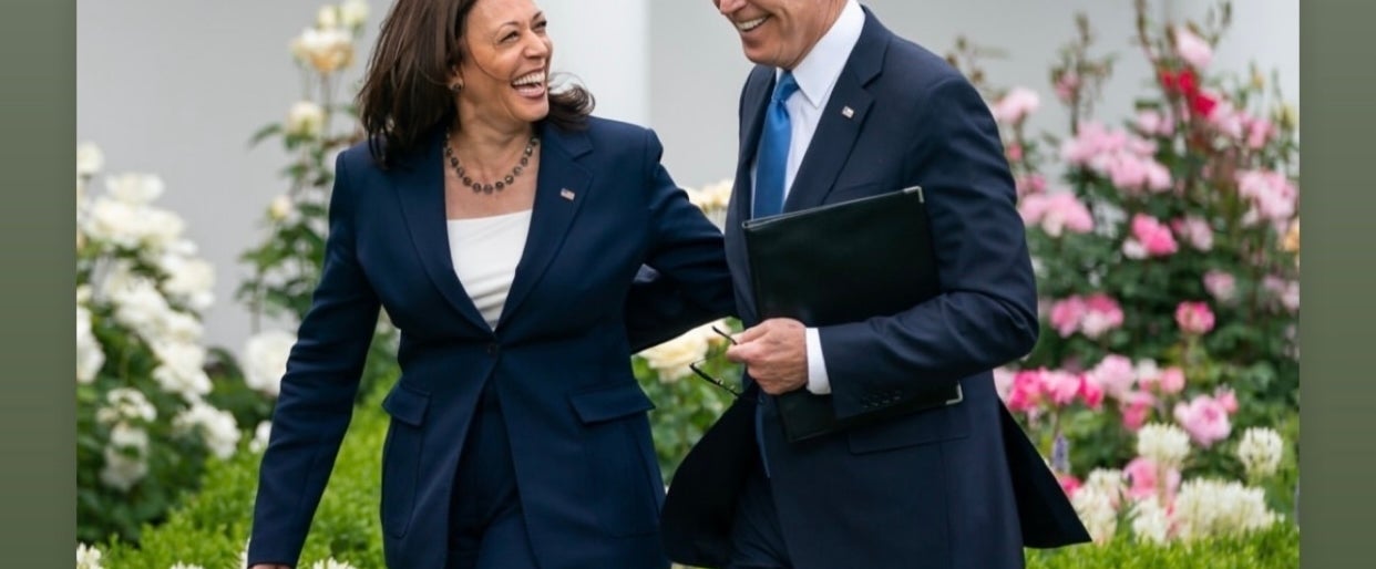 Kamala Harris and Joe Biden, both in suits, walk together and smile in a garden setting. Text reads &quot;I&#x27;m in.&quot; with the tags @kamalaharris and janellemonae