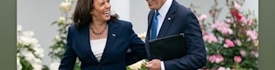 Kamala Harris and Joe Biden walk side-by-side in formal attire, smiling. A message from Kamala Harris thanking Joe Biden is visible. Text: &quot;Let&#x27;s go ?&quot;