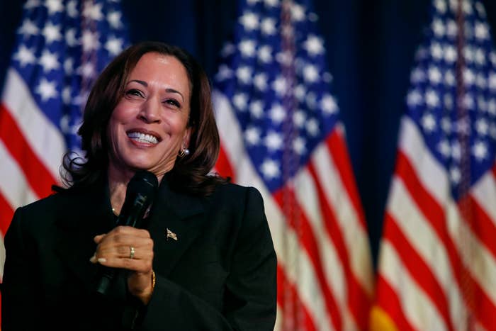 Kamala Harris smiles while holding a microphone, standing in front of multiple American flags