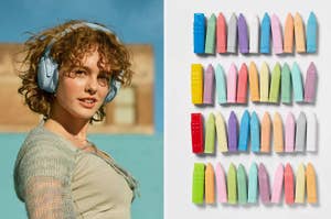Person wearing headphones looks to the left; variously shaped and colorful pastel erasers are displayed on the right