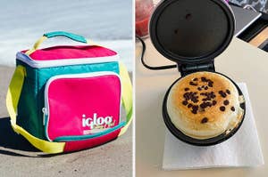 On the left, an Igloo lunch bag on the beach. On the right, a waffle maker cooking a chocolate chip pancake