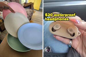 Person holding pastel-colored stackable plates and another person holding $20 waterproof headphones with nail art on their hand