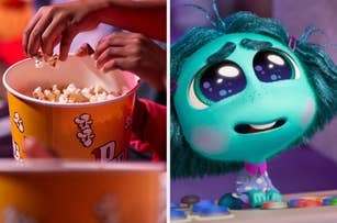 A hand is reaching into a bucket of popcorn on the left. On the right, a blue animated character with big eyes and a sad expression is looking up