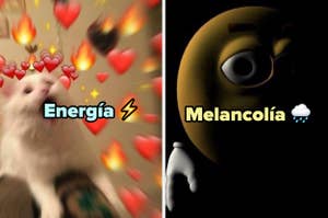 Imagen dividida en dos: a la izquierda, un gato con corazones y la palabra "Energía"; a la derecha, un emoticono con la palabra "Melancolía"